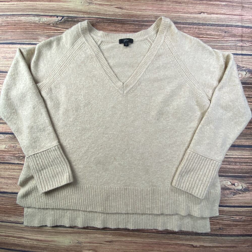 J Crew Sweater Womens XL Tan Merino Wool Alpaca V Neck Long Sleeve Super Soft